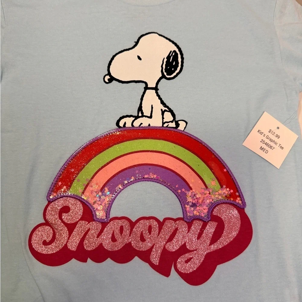 Youth Peanuts Snoopy Blue Graphic T-Shirt with Rainbow Design NWT